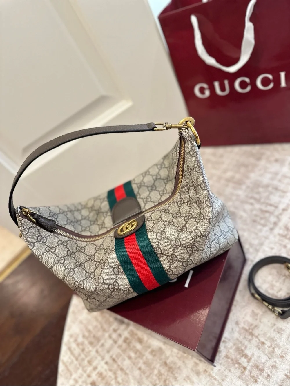 Gucci Beige GG Canvas Shoulder Tote with Green and Red Web Stripe